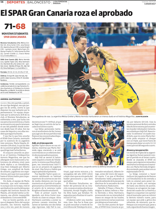 Prensa - El diario CANARIAS7 destaca en su crónica la batalla incansable de las jugadoras del SPAR Gran Canaria contra el Movistar Estudiantes (Prensa - El diario CANARIAS7 destaca en )