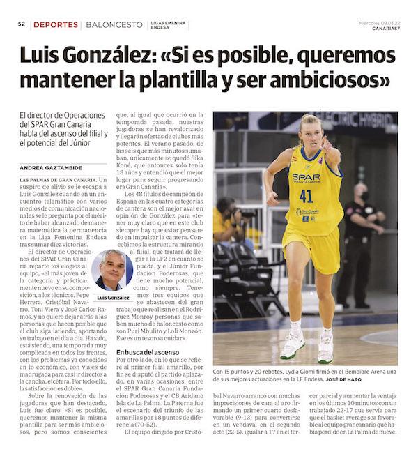 Luis González: «Si es posible, queremos mantener la plantilla y ser ambiciosos, potenciando el filial y el Júnior Fundación Poderosas» (Luis González: «Si es posible, queremos mantener l)