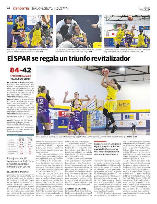 PRENSA - El triunfo revitalizador del SPAR Gran Canaria frente al diezmado Clarinos Tenerife (84-42), en la edición impresa de CANARIAS7 (PRENSA - El triunfo revitalizador del SPAR Gran Ca)